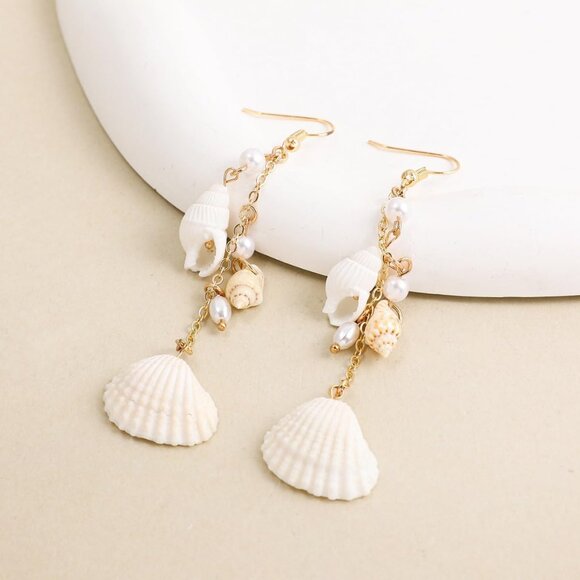 Sea Shell Faux Pearl Long Dangle Earrings Beach Holiday Jewelry for Women Girls - Picture 3 of 5